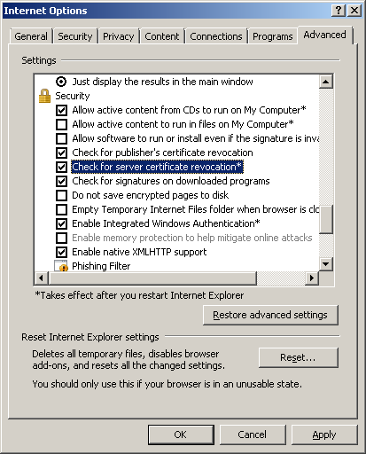 Enabling revocation status checking for IE